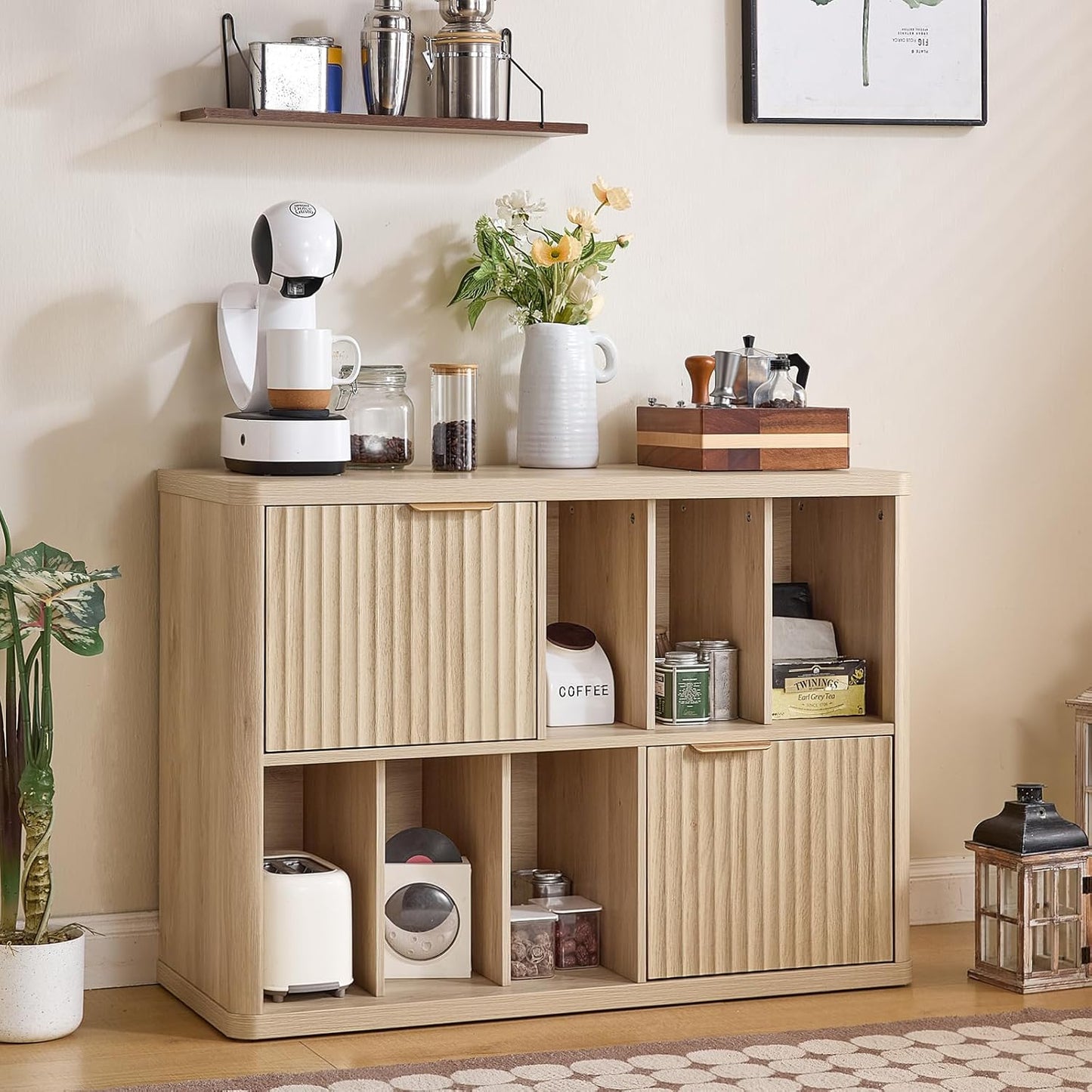 Large Record Player Stand with Vinyl Storage up to 450 Albums, Wood Fluted Boho Record Storage Accent Cabinet, Modern Stereo Media Cabinets, Wide Turntable Stand for Living Room, Natural Oak