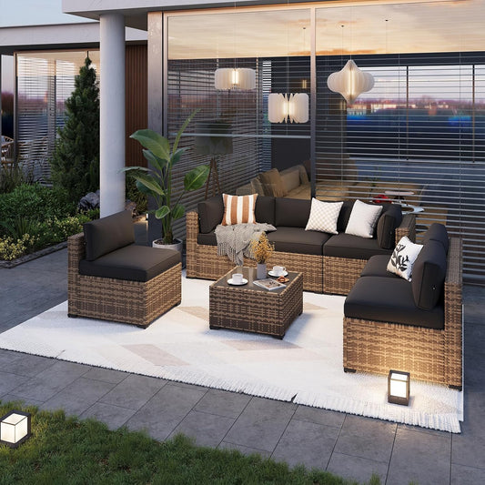 Patio Furniture Sets, 7-Piece Outdoor Furniture with Thick Cushions, Wicker Conversation Set Sectional Sofa for Backyard, Poolside, Garden