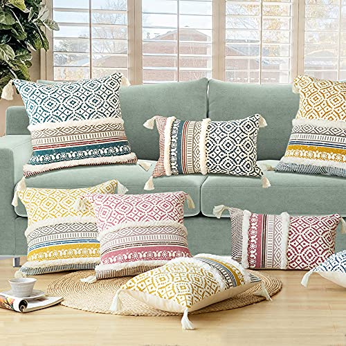Lumber Boho Throw Pillow Cover for Couch Sofa - Cotton Hand-Woven Tufted Moroccan Decorative Pillows Cover with Tassels for Farmhouse Living Room Bedroom Car Hotel - Blue 12 x 20 Inches