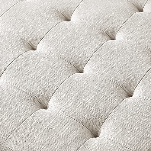 Large Square Upholstered Tufted Linen Ottoman Coffee Table, Large Footrest Ottoman with Solid Wood Shelf-Ivory