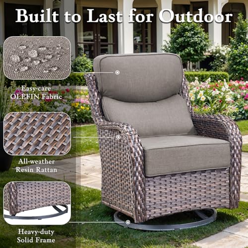 Luxury High Back Outdoor Furniture with 6-inch Extra Thick Cushions, Patio Furniture Set with Swivel Chairs, 7 PCS Wicker Conversation Set for Yard, Deck, Poolside, Brown/Grey