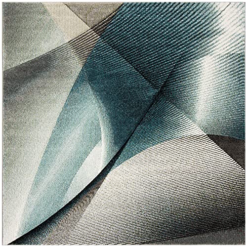 SAFAVIEH Hollywood Collection Area Rug - 9' Square, Grey & Teal, Mid-Century Modern Design, Non-Shedding & Easy Care, Ideal for High Traffic Areas in Living Room, Bedroom (HLW715D)