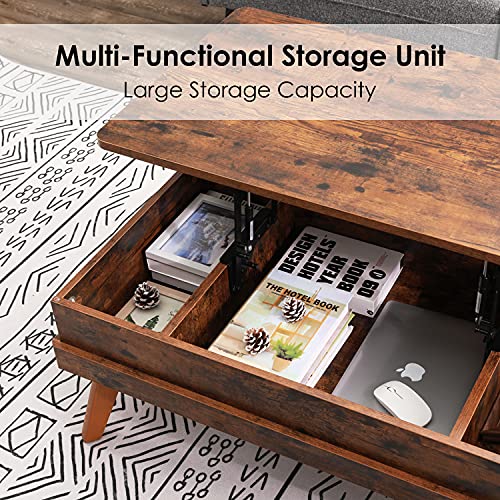 Lift Top Coffee Table, Easy-to-Assembly Center Table with Hidden Storage Compartment, Industrial Lift Tabletop Dining Table for Living Room Reception/Home Office, Rustic Brown