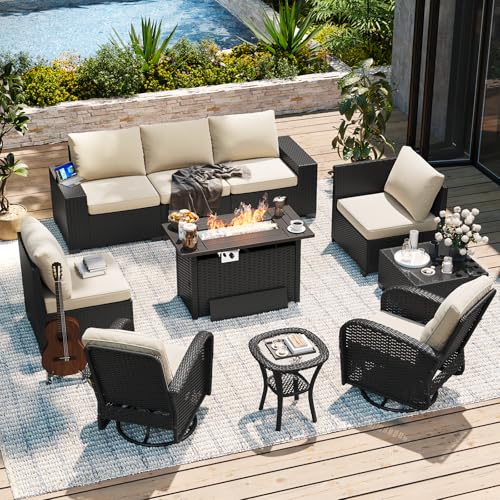 10-Piece Patio Furniture Set with 44” Fire Pit Table, Widen Armrests Wicker Rattan Outdoor Sectional Sofa with Swivel Chairs, Outdoor Patio Furniture Set with Thick Cushions & Ottoman, Beige