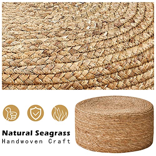 Foot Stool Natural Seagrass Hand Weave Poufs Round Ottoman for Couch Desk Soft Step Stool Padded Foot Rest with Non-Skid Pine Legs for Hallway Office Lounge Natural
