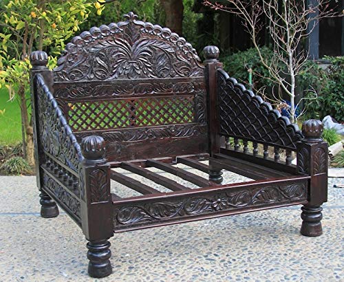 Wooden Carved Jhula Love Seat, Medium Antique Finish. Designed by Worldcraft. Handmade from Solid Indian Neem Wood in Rajasthan, India. (33Dx34Wx42 H)