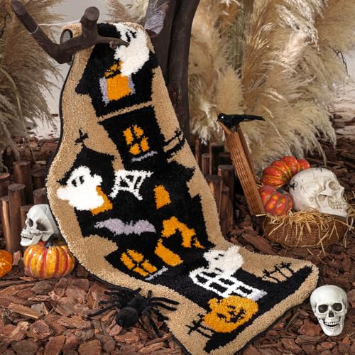 Happy Halloween Rug Haunted House Shaped Area Rug, Soft Tufted Floor Mat for Front Door, Non-Slip Decorative Rug Gothic Halloween Doormat for Living Room Bathroom, Black, 18 x 47 inches