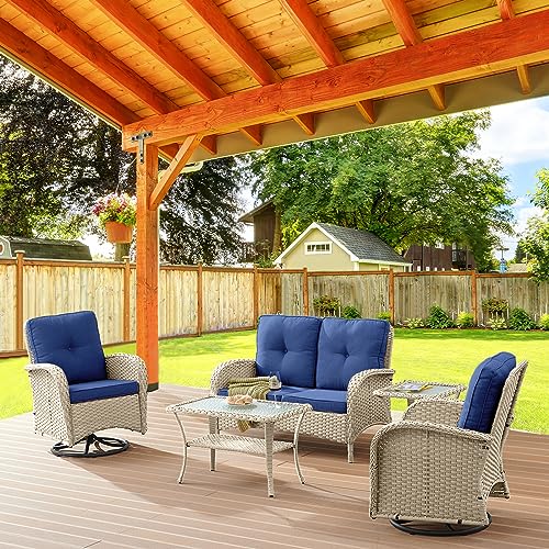 Patio Wicker Chairs Swivel Rocker - Outdoor Swivel Rocking Chairs Set of 2 with Rattan Side Table,3 Piece Patio Swivel Glider Chair Furniture Sets for Patio Porch Pool Light Beige/Blue