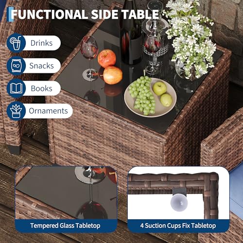 3 Pieces Patio Furniture Set, PE Rattan Patio Conversation Set with Tempered Glass Tabletop, Outdoor Wicker Chairs and Table Set for Patio Balcony Garden, Brown & Blue