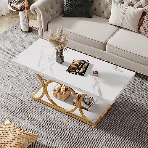 Tribesigns 46.45” Rectangle Coffee Table, Modern Coffee Tables for Living Room, 2-Tier Faux Marble Wood Coffee Table with Geometric Legs, Furniture with Storage Shelf (White & Gold)