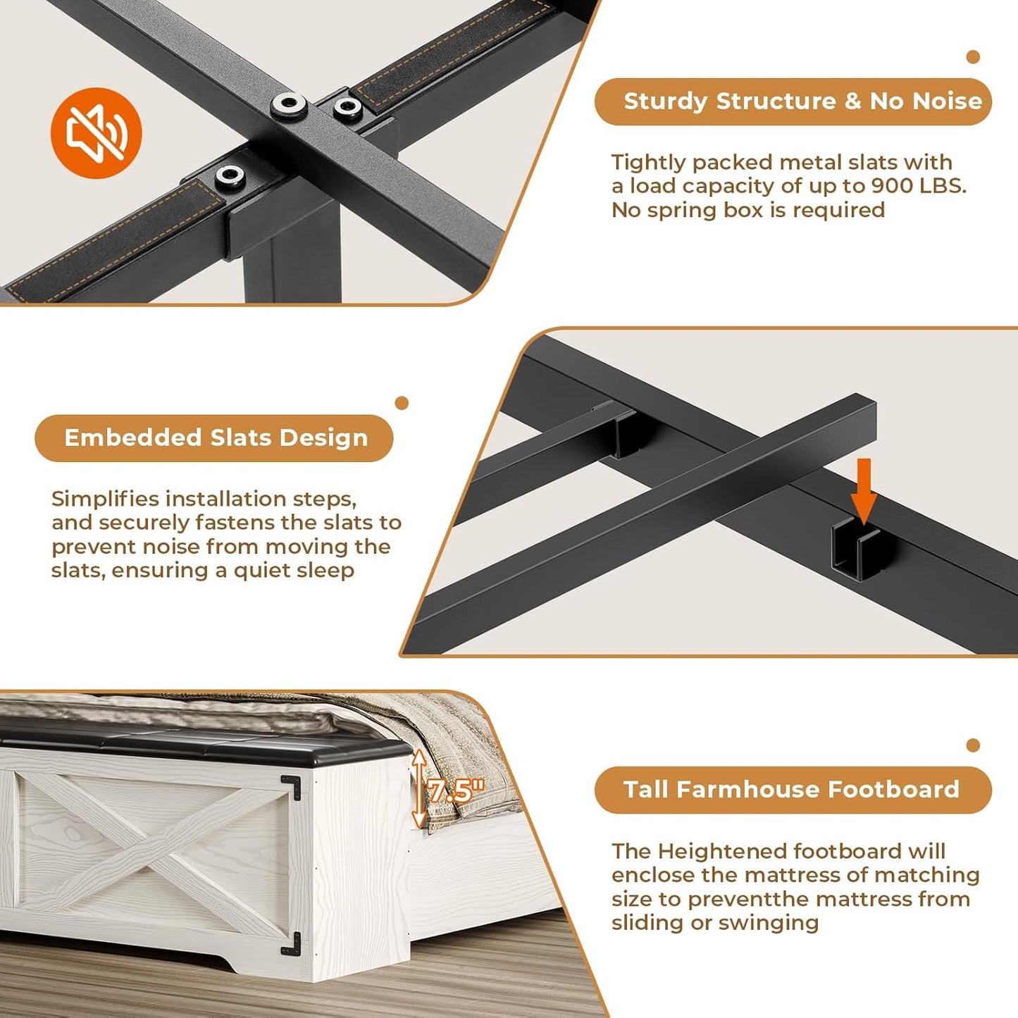 Farmhouse Queen Bed Frame with Storage Headboard, Charging Station and LED Lights Queen Size Platform Bed Frame with Storage Ottoman, Metal Slats Support, No Box Spring Needed, Antique White