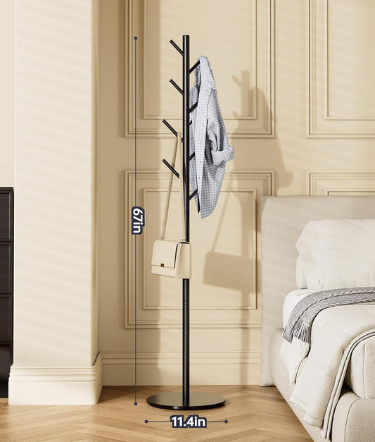 Coat Rack with 8 Hooks, Modern Hall Tree, Sturdy Metal Clothes Stand & Sintered Stone Base for Entryway, Office, Bedroom, Stable Storage in Coats, Hats, Handbags and Scarves, Black
