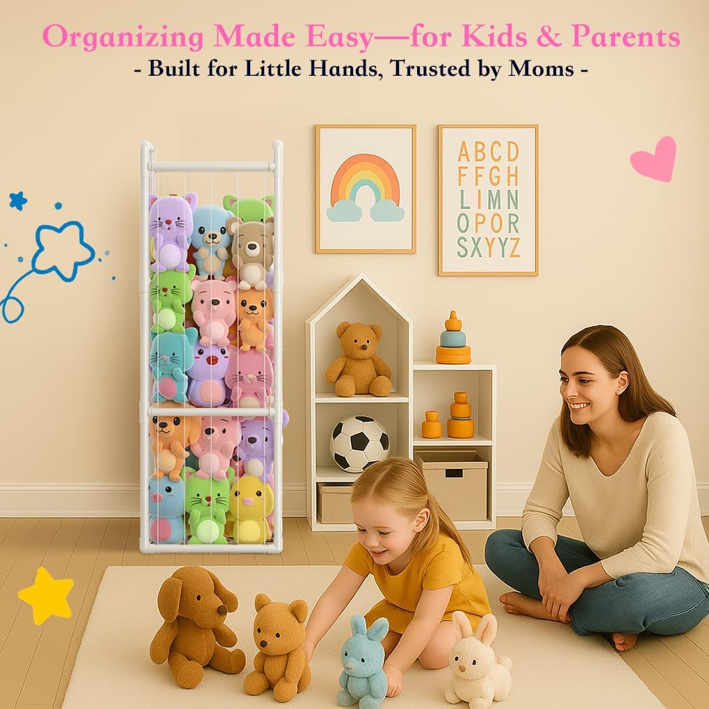 Large Stuffed Animal Storage Organizer - Vertical Zoo Cage & Toy Storage Organizer with Sturdy PVC Tubes - Space-Saving Plush Toy Holder for Kids Room Playroom - Easy Assembly & Fun Cleanup