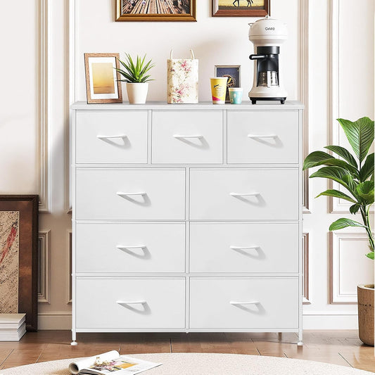 9-Drawer Dresser for Bedroom, Anti-Tip Tall Storage Organizer Chest of Drawers with Wooden Top and Metal Frame Fabric Bins for Closet, Living Room, Hallway, Entryway, White