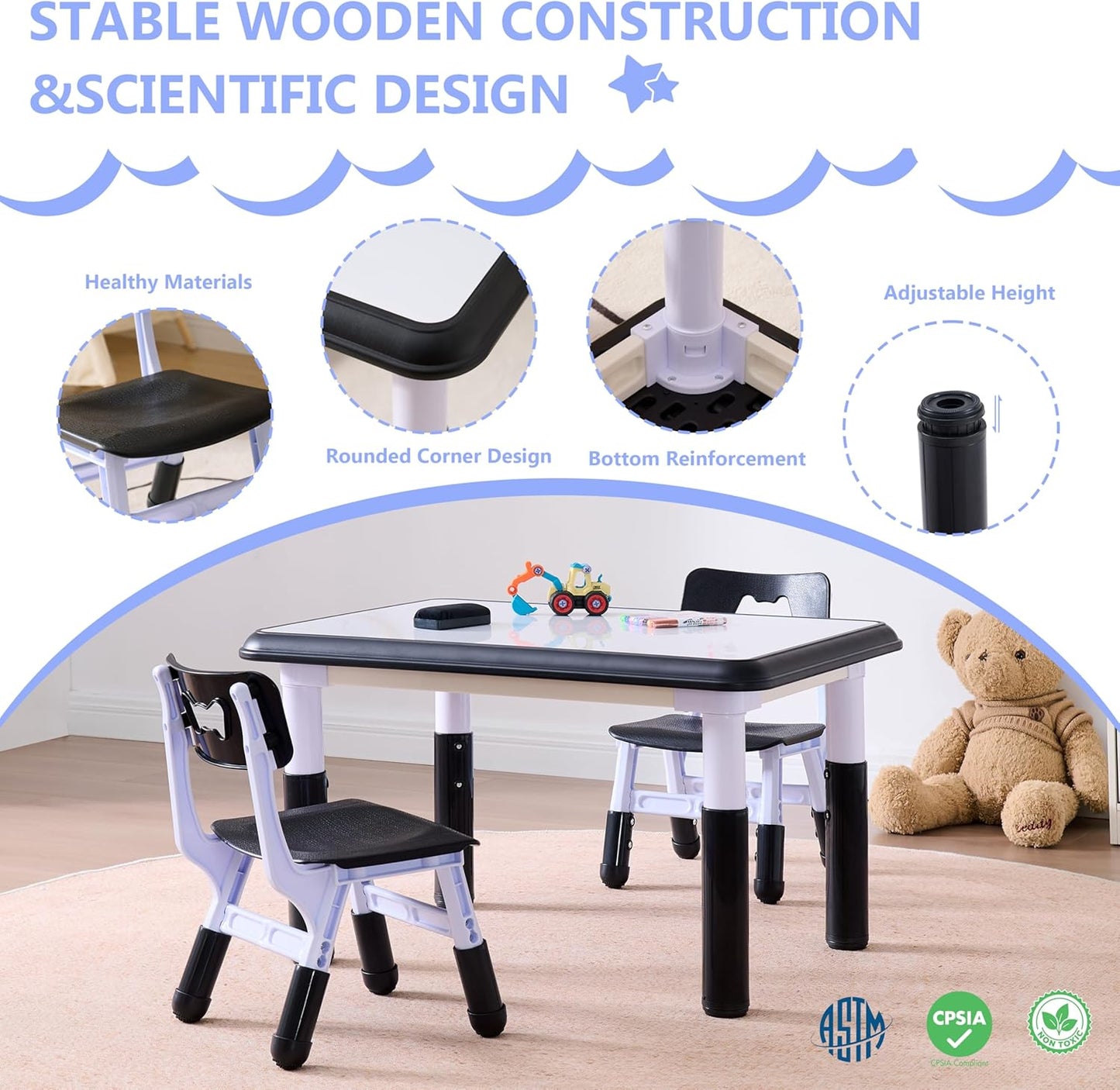 Kids Table & Chairs Set (2 Chairs), Height Adjustable Toddler Table and Chair Set for Kids Ages 3-8 with Graffiti Desktop, Learning & Art Activity Desk for Classroom, Home, Daycare (Black)