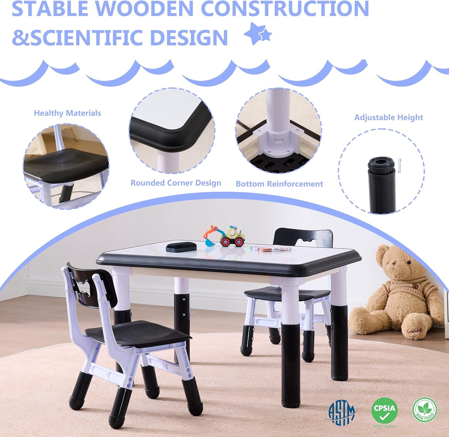 Kids Table & Chairs Set (2 Chairs), Height Adjustable Toddler Table and Chair Set for Kids Ages 3-8 with Graffiti Desktop, Learning & Art Activity Desk for Classroom, Home, Daycare (Black)