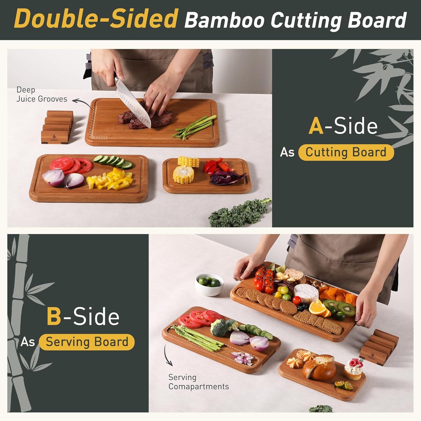 3 Packs Bamboo Cutting Board Set with Holder Nice Solid Thick Wood Deep Juice Groove & Built-In Handles Chopping Board Large Big Small Best Hardwood Kitchen Counter Organic Vegetable Meat BBQ Kit