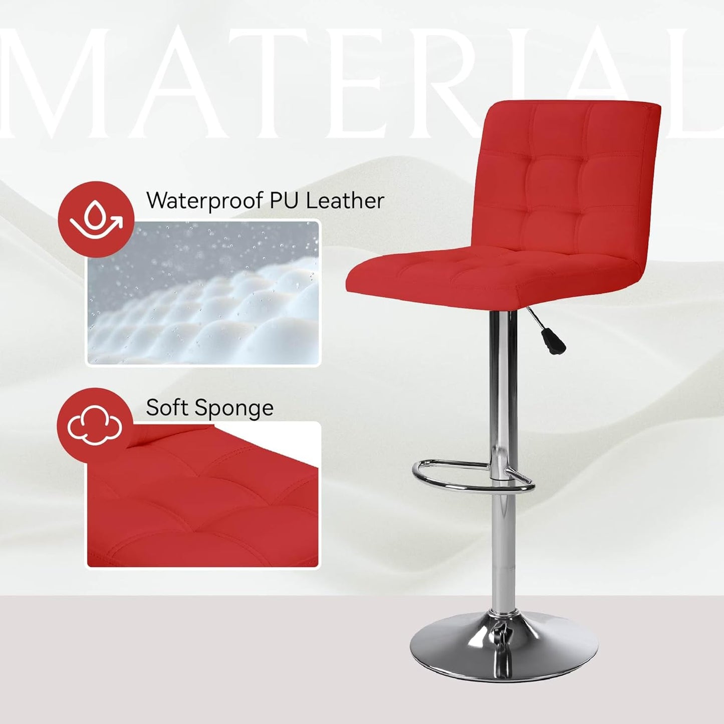 Bar Stools 1 Set of 2, Counter Height Bar Stools, Square Cushion Bar Stools with Back, Footstool, Cafe, Red, 2 Pieces
