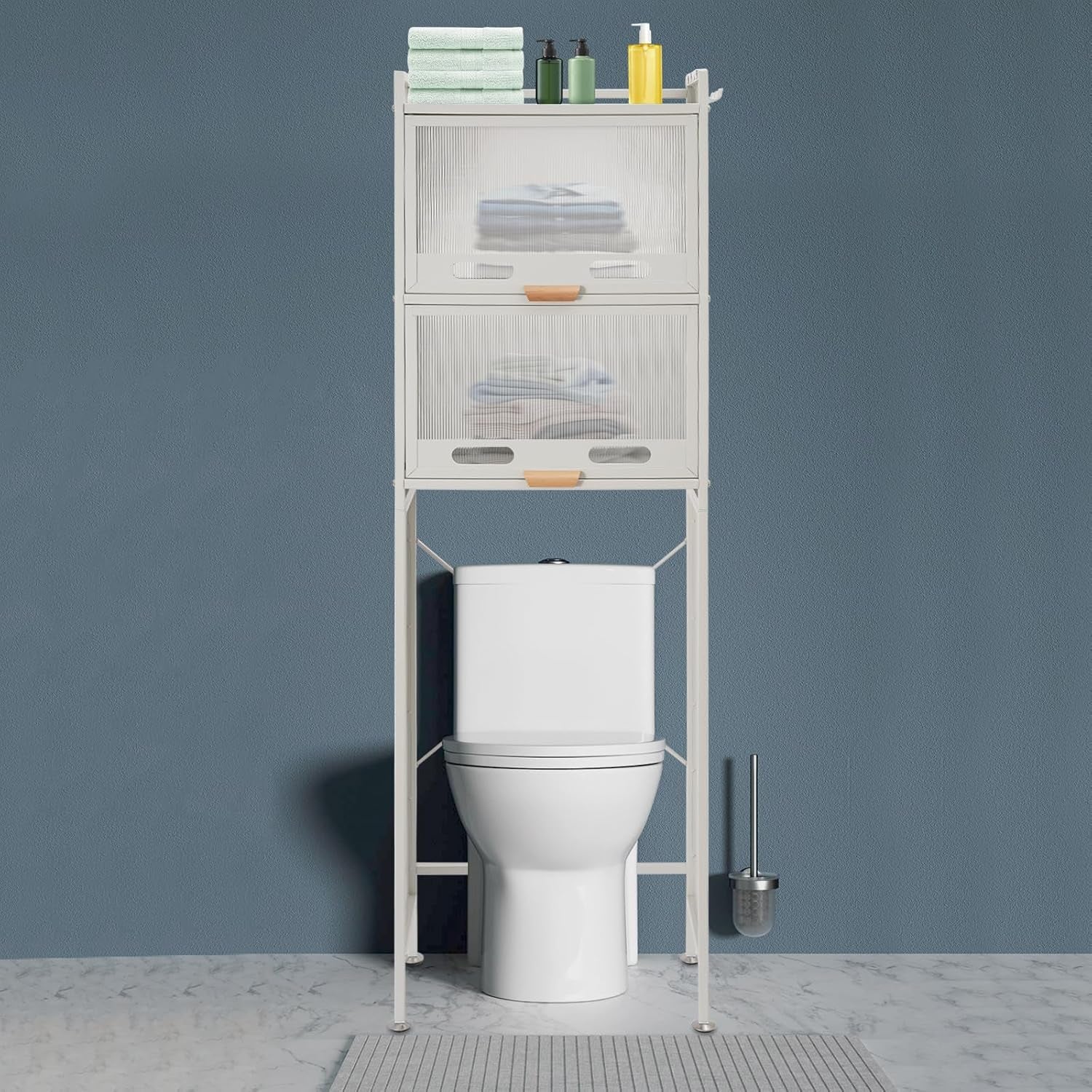 Over the Toilet Storage Cabinet with Flip Door, Metal Bathroom Shelf Organizer, Space Saver Freestanding Rack above Toilet Storage Cabinet with X-Shaped Crossbar (Black)