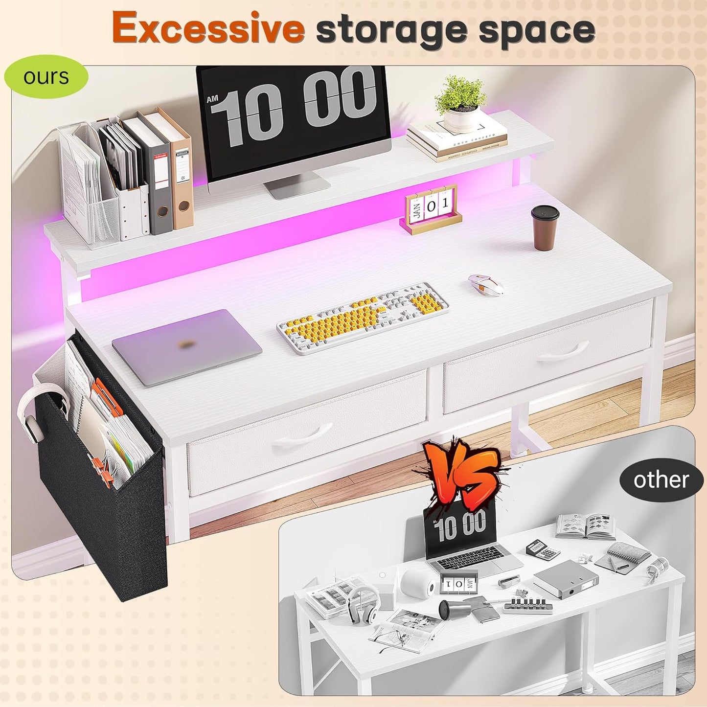 Computer Desk with 2 Drawers & LED Lights,31.5 Inch Home Office Desks with Side Pocket and Monitor Stand,Study Writing Table for Small Spaces,White