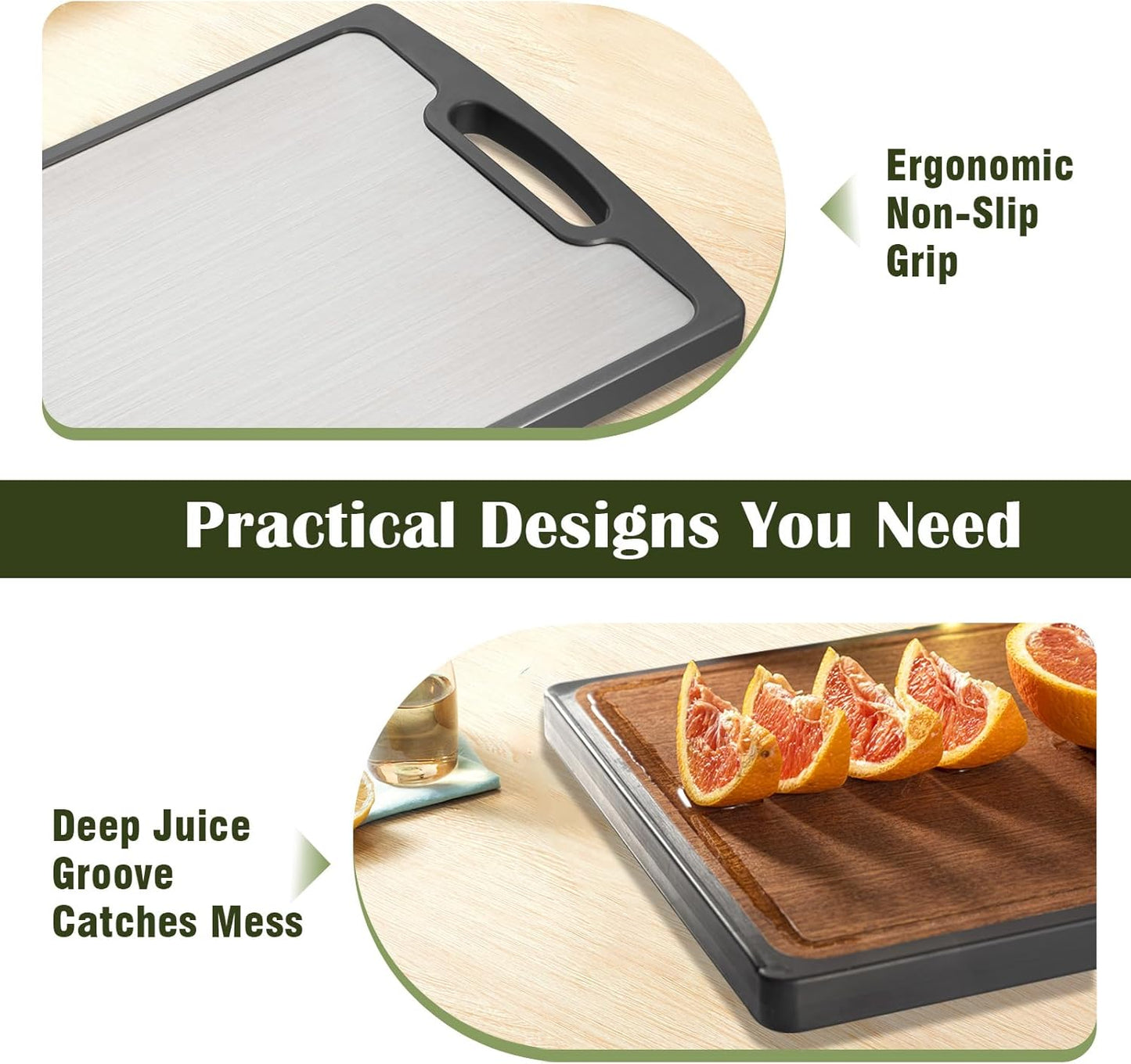 Titanium Cutting Board Double Sided, 15” Wood Cutting Board for Kitchen, GR1 Titanium & Ebony Large Chopping Board for Meat with Juice Groove for Meat & Veggies