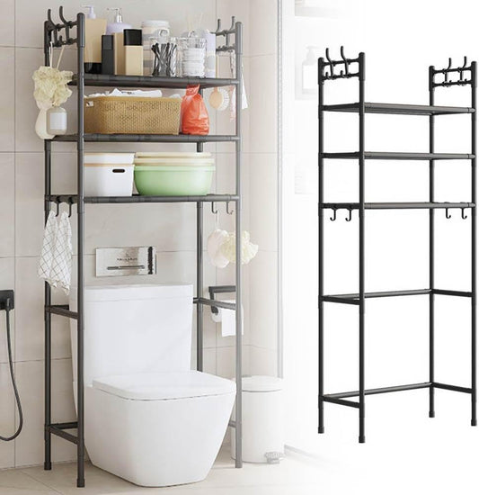 3-Tier over the Toilet Storage,Freestanding Metal Bathroom Shelves with 4 Hooks,Adjustable Shelf and Basket,Freestanding Space Saver Bathroom Shelves above Toilet for Room Black,Black