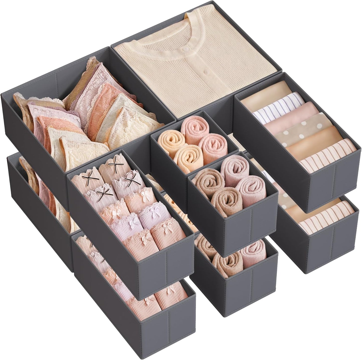 Drawer Organizers, Dresser Divider Organizers, Set of 18, Foldable Fabric Storage Boxes for Socks, Underwear, Bras, Ties, Scarves, Dove Gray URDZ006G05