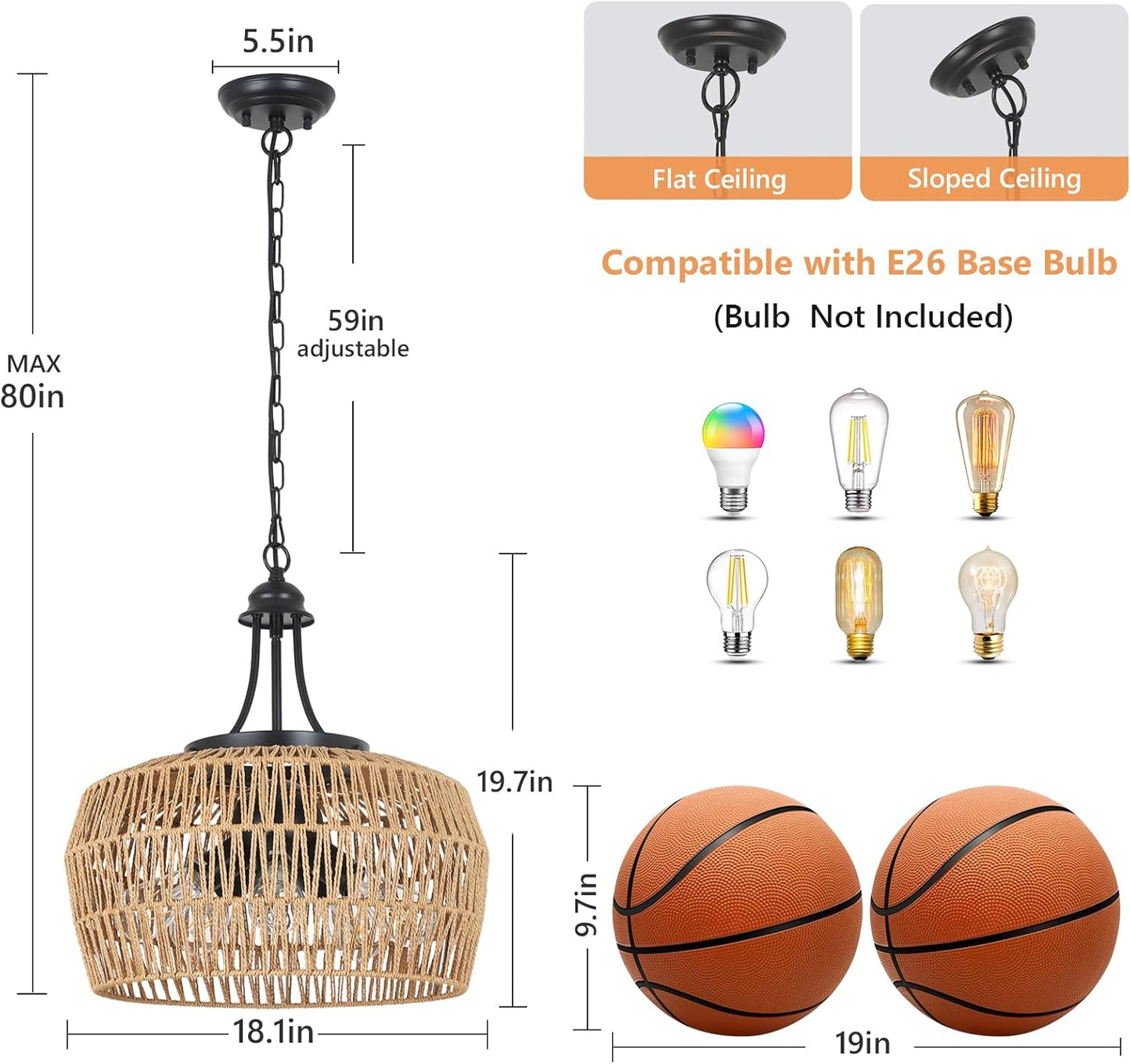 Large Farmhouse Chandeliers for Dining Room, 5-Light Rattan Boho Chandelier Light Fixture with Wicker Lampshade, Coastal Hanging Pendant Lighting for Kitchen Island Bedroom Living Room Nursery