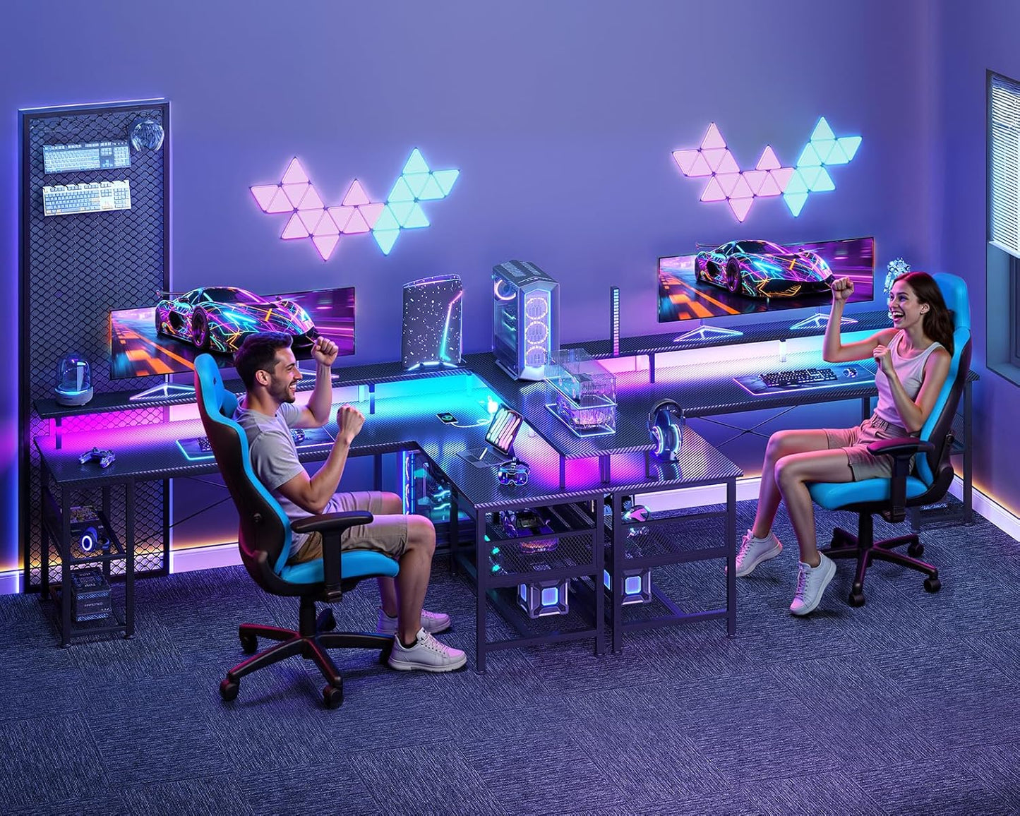 66" L Shaped Gaming Desk with Power Outlet and LED Lights, PC Gaming Table with Carbon Fiber Texture, Reversible L Shape Desk with Storage Shelves & Monitor Stand, Home Office Desk, Black