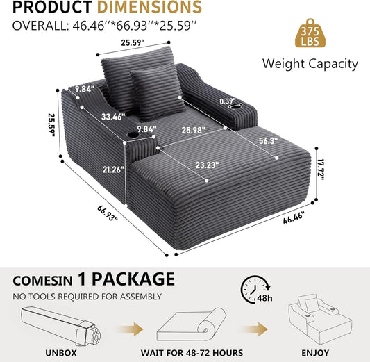 67" Oversized Chaise Lounge Chair Indoor, Soft Boneless Cloud Couch Chair with Wide Armrest Pillows and Cup Holders, Comfy Corduroy Sofa Bed Sleeper Couch for Living Room No Assembly Require,Dark Grey