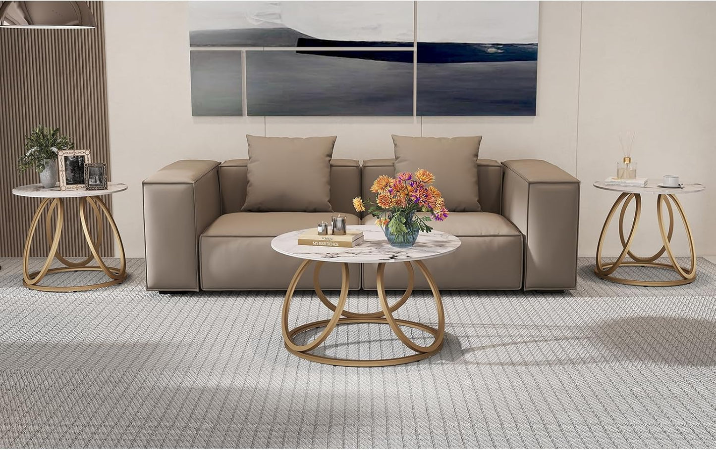 Gold and white round coffee table with marbled natural stone top, view 9