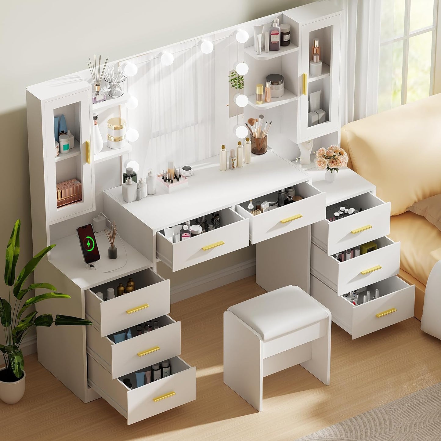 59.1" Large Vanity Desk with Mirror & Lights White Makeup Vanity Set with Power Outlet and 8 Drawers 3 Lighting Modes Adjustable Dressing Table for Girl Women Bedroom Dressing Room UBDT67W