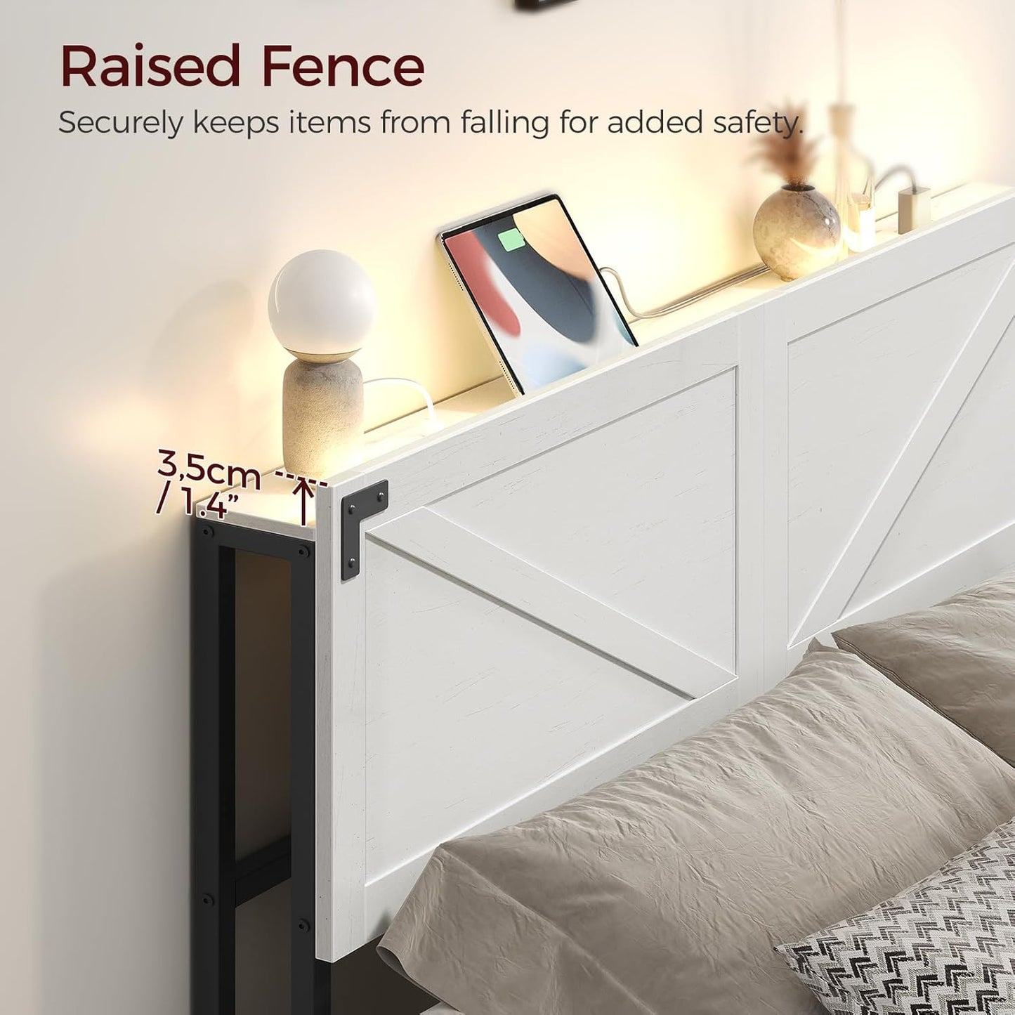 Queen Size Headboard Only, Headboard with 2 Outlets and 4 USB Ports, Farmhouse Headboard, with LED Lights, Secure Storage with Raised Fence, with Bed Frame Adapter, White and Black