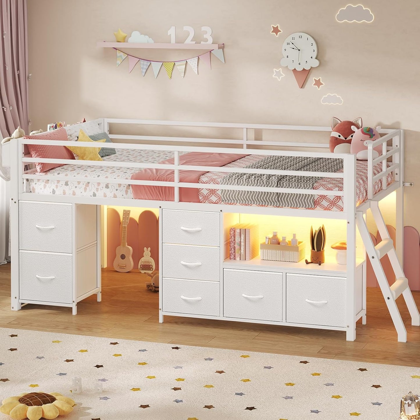 Low Loft Bed Twin Size with 7 Storage Drawers, Bookcase and LED Lights, Metal Kids Loft Bed with 14" H Safety Guardrail,Inclined Ladder and Play Curtain, Under-Bed Play Space, White