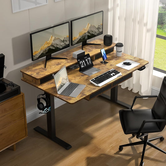 Electric Standing Desk, 63 * 30 Inches Adjustable Height with 4 Drawers, Double Storage Shelves Stand up Desk, Home Office Workstation Sit Stand up Desk (Rustic Brown)