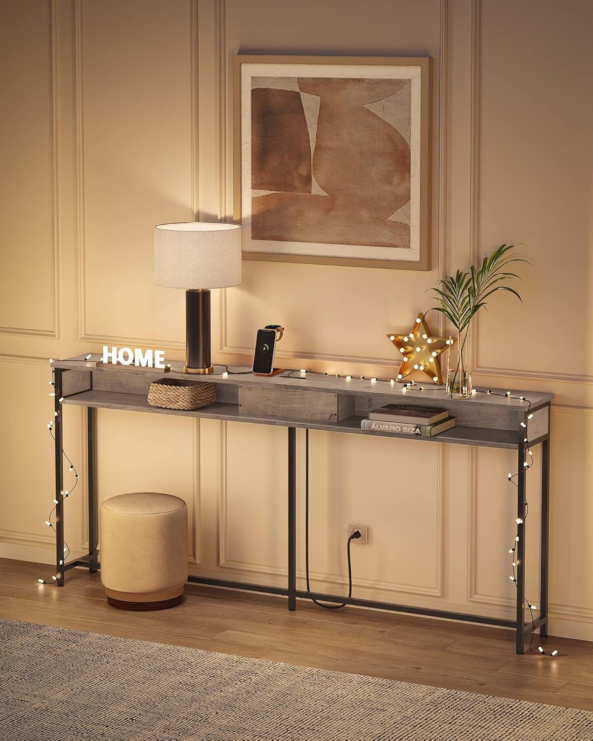 70.9-Inch Console Table with Outlet and Shelves, Sofa Table with Charging Station, behind Couch Table Skinny, Entryway Table for Hallway, Living Room, Charcoal Gray and Ink Black ULNT118B22
