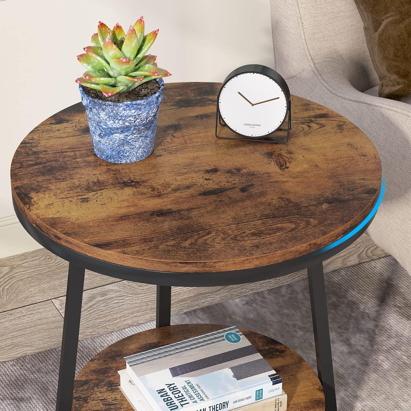 End Table, 2 Tier round Side Table with Storage Shelf, Industrial Nightstand Bedside Table Coffee Accent Table for Living Room Bedroom Small Space, Rustic Brown