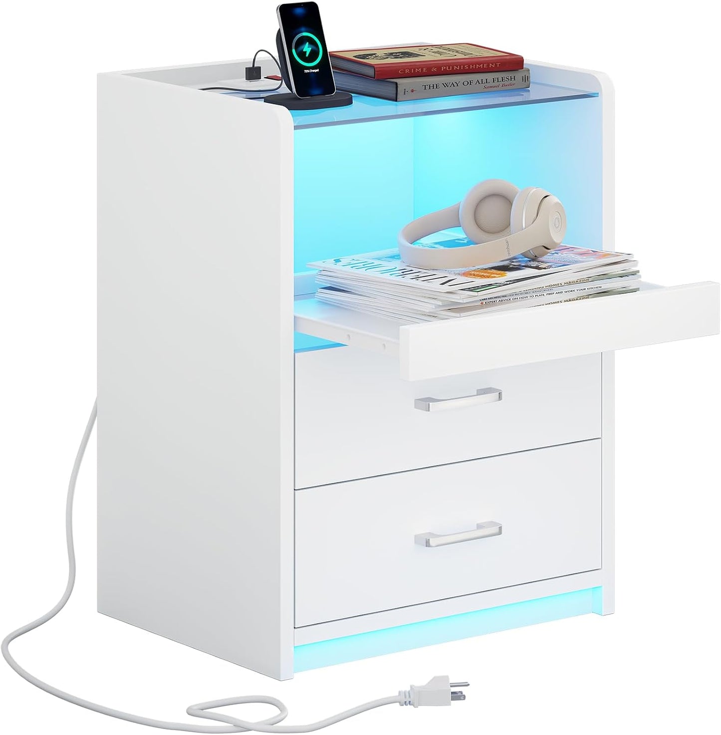 White Nightstand with Charging Station and LED Lights, 2 Drawers LED Night Stand with Tempered Glass Tabletop, Modern End Side Tables with Pull-Out Tray, Open Storage Bedside Tables
