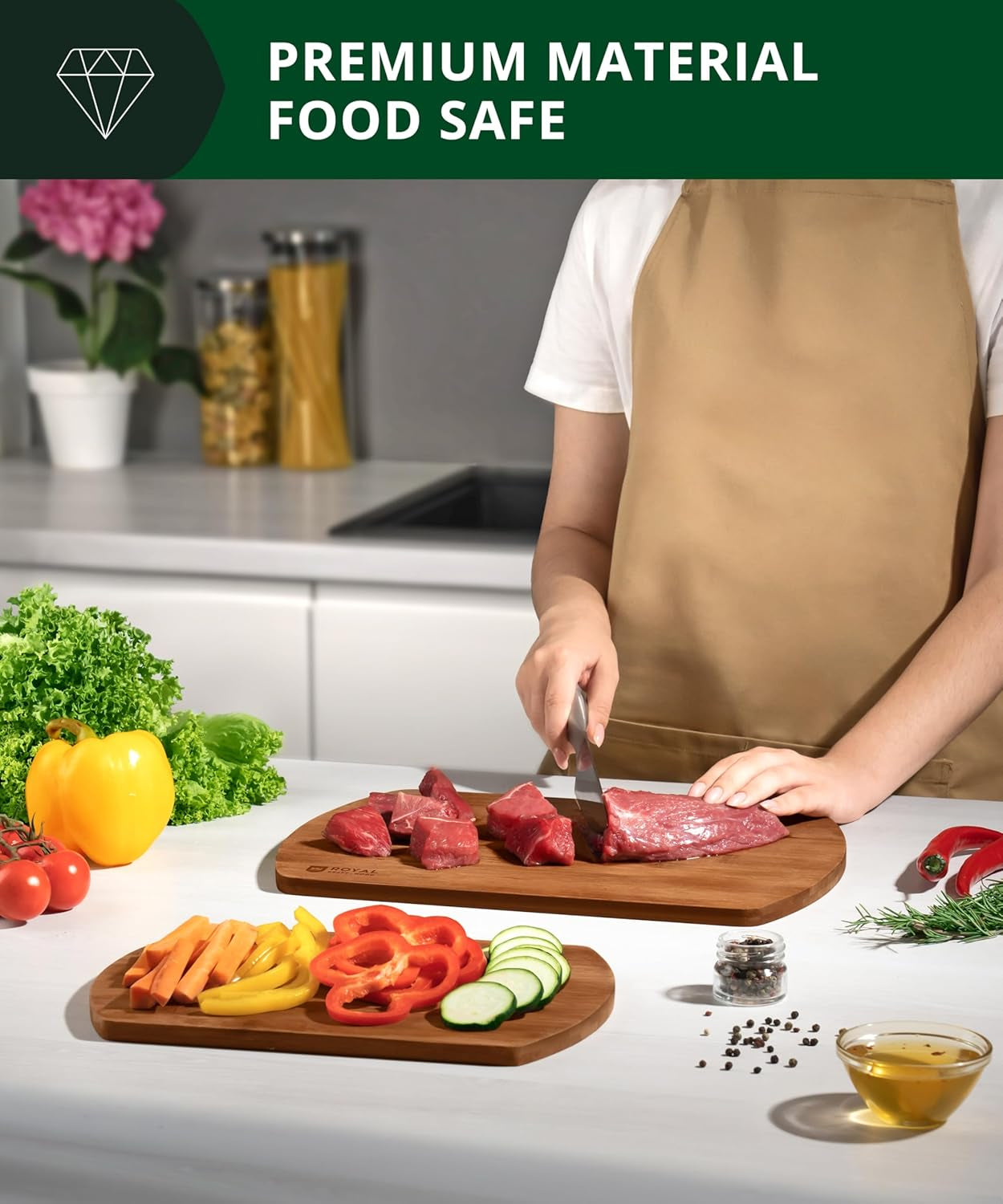 Wooden Cutting Boards for Kitchen Meal Prep & Serving - Bamboo Wood Serving Board Set with Deep Juice Groove Side Handles - Charcuterie & Chopping Butcher Block for Meat