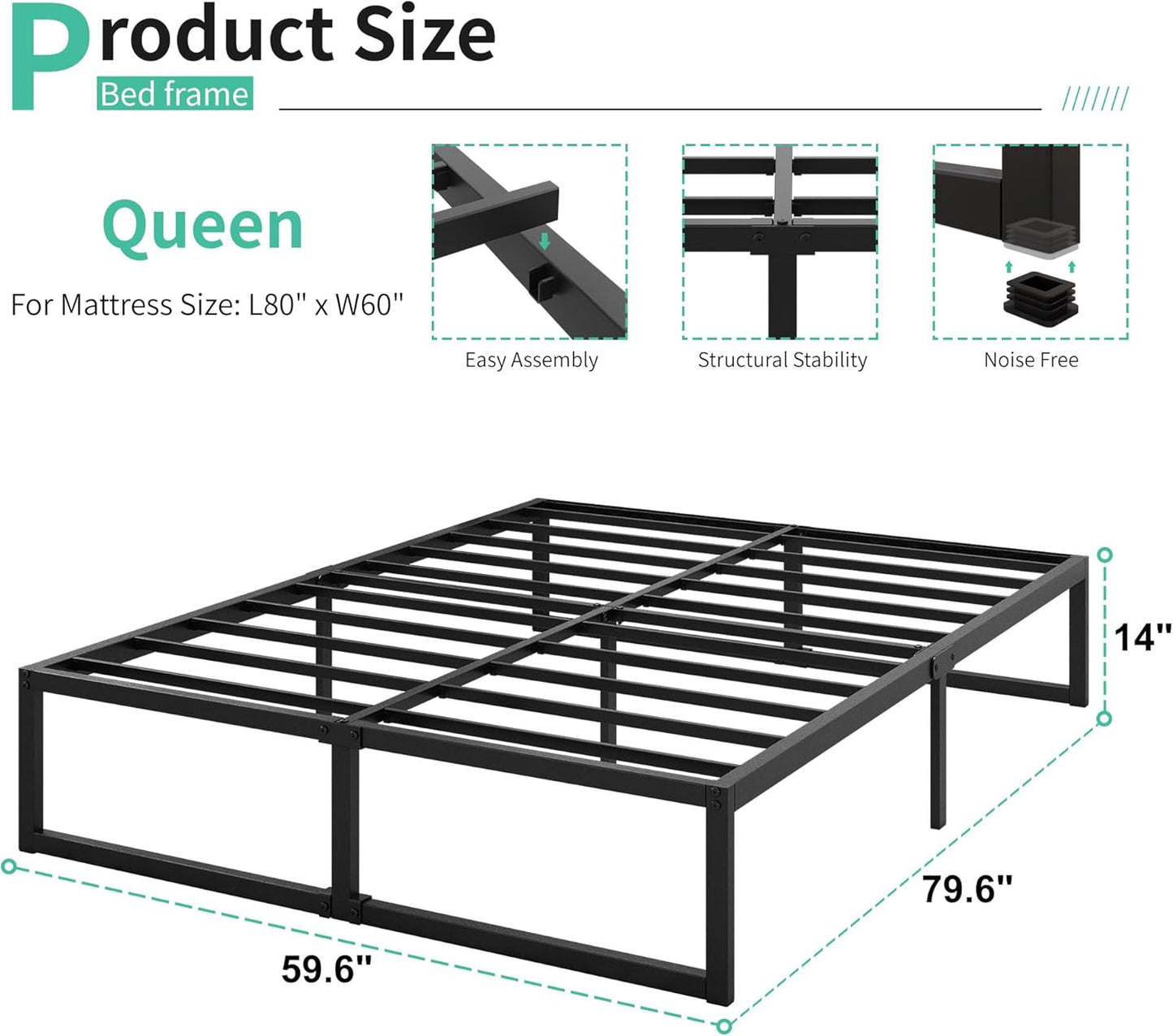 14 Inch Queen Bed Frame Heavy Duty Steel Slat Support Metal Platform Bed Frame Queen Size No Box Spring Needed, Easy Assembly, Black
