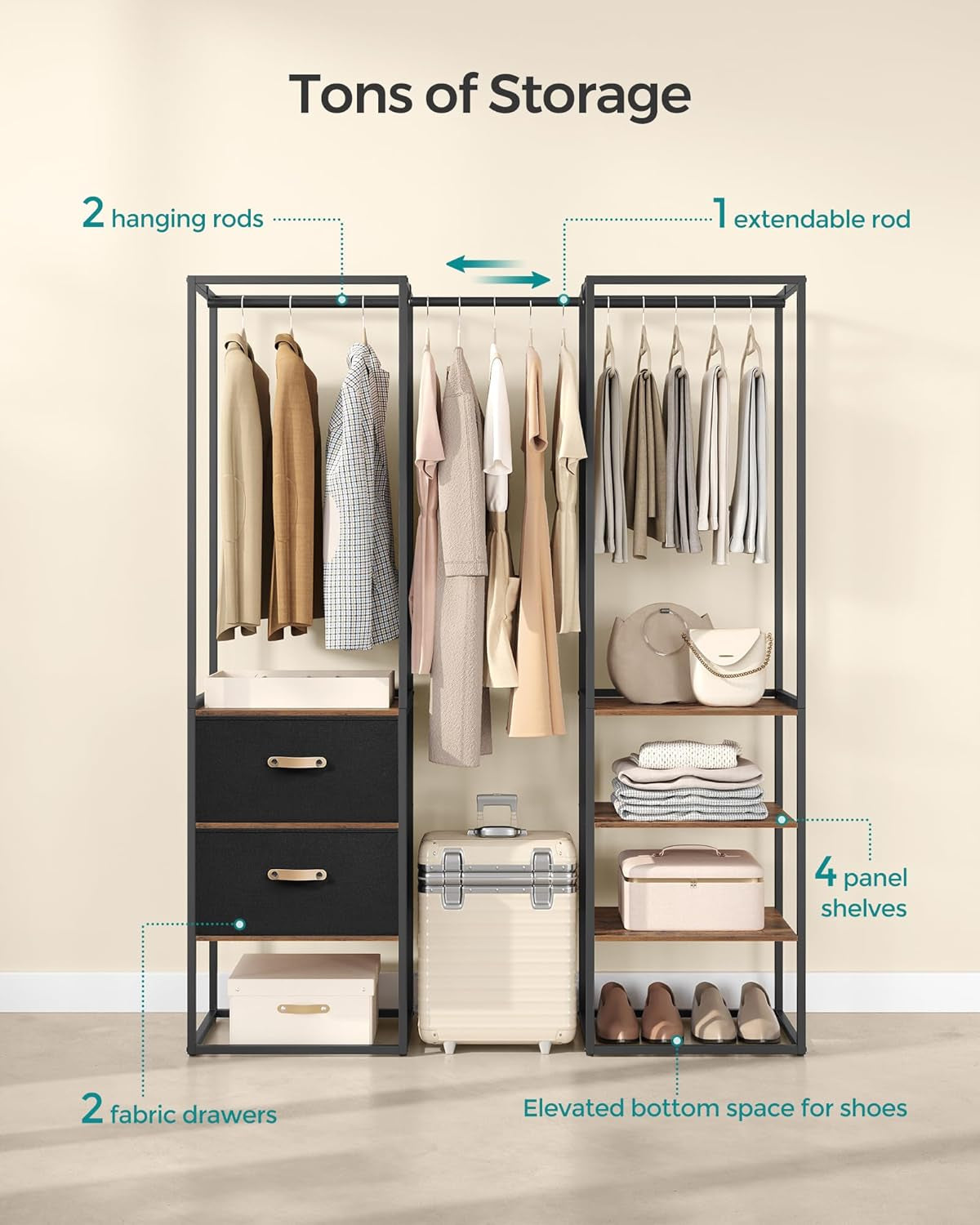 Clothes Rack, 70.9 Inch Wardrobe Freestanding Closet, Heavy Duty Garment Rack with 1 Extendable Hanging Rod, 2 Drawers and 4 Shelves, for Bedroom, Space-Saving, Rustic Brown URGR003B01