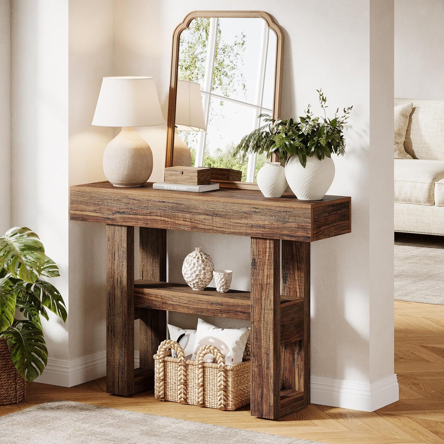 41.34-Inch Farmhouse Console Table, 2-Tier Narrow Sofa Table behind the Couch, Entryway Furniture with Storage Shelves for Hallway Foyer Living Room, Rustic Brown