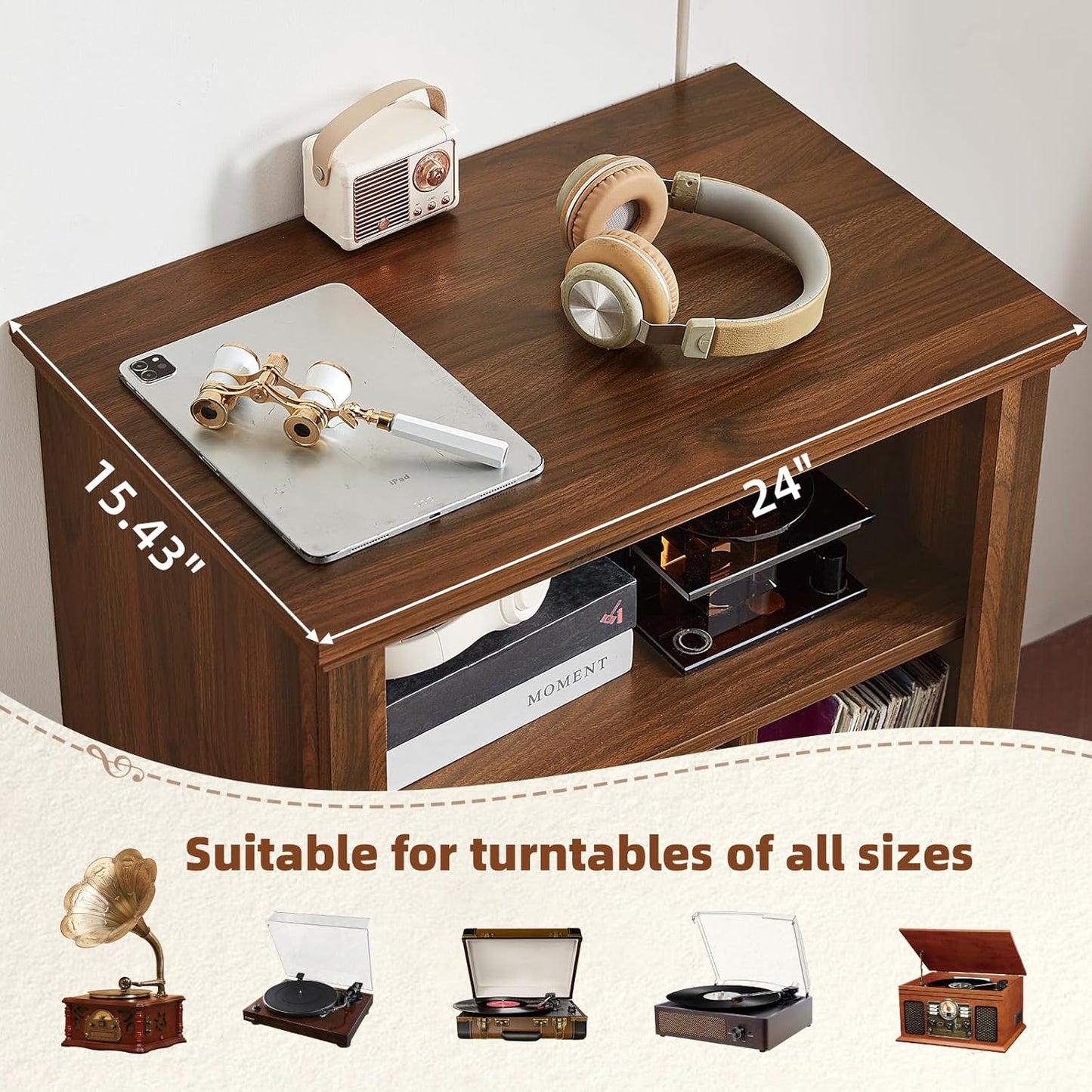 Record Player Stand with Vinyl Record Storage, 24" Wide Mid-Century Record Player Table up to 200 Albums,Large Wood Turntable Stand Cabinet Dispaly Shelf for Living Room,Bedroom,Brown