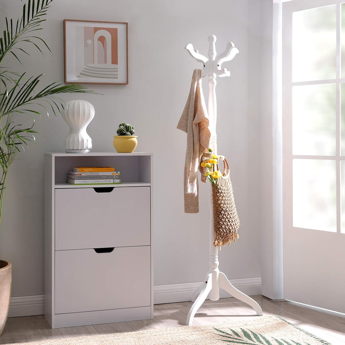 Coat Stand, Solid Wood Freestanding Coat Rack with 11 Hooks, Hall Tree for Bags, Purses, Hats, for Entryway, Hallway, Rubberwood, White URCR005W02