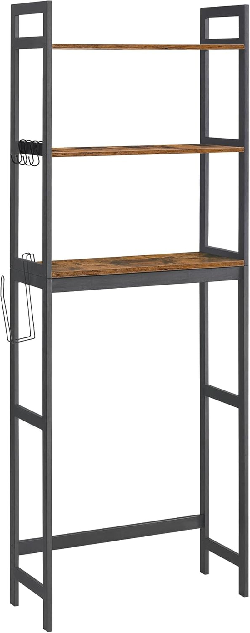 Over-The-Toilet Storage, 3-Tier Bathroom Organizer over Toilet with Adjustable Shelves, Hooks, Bamboo, Freestanding Space Saver Bathroom Shelves, Rustic Brown and Ink Black UBTS012B01