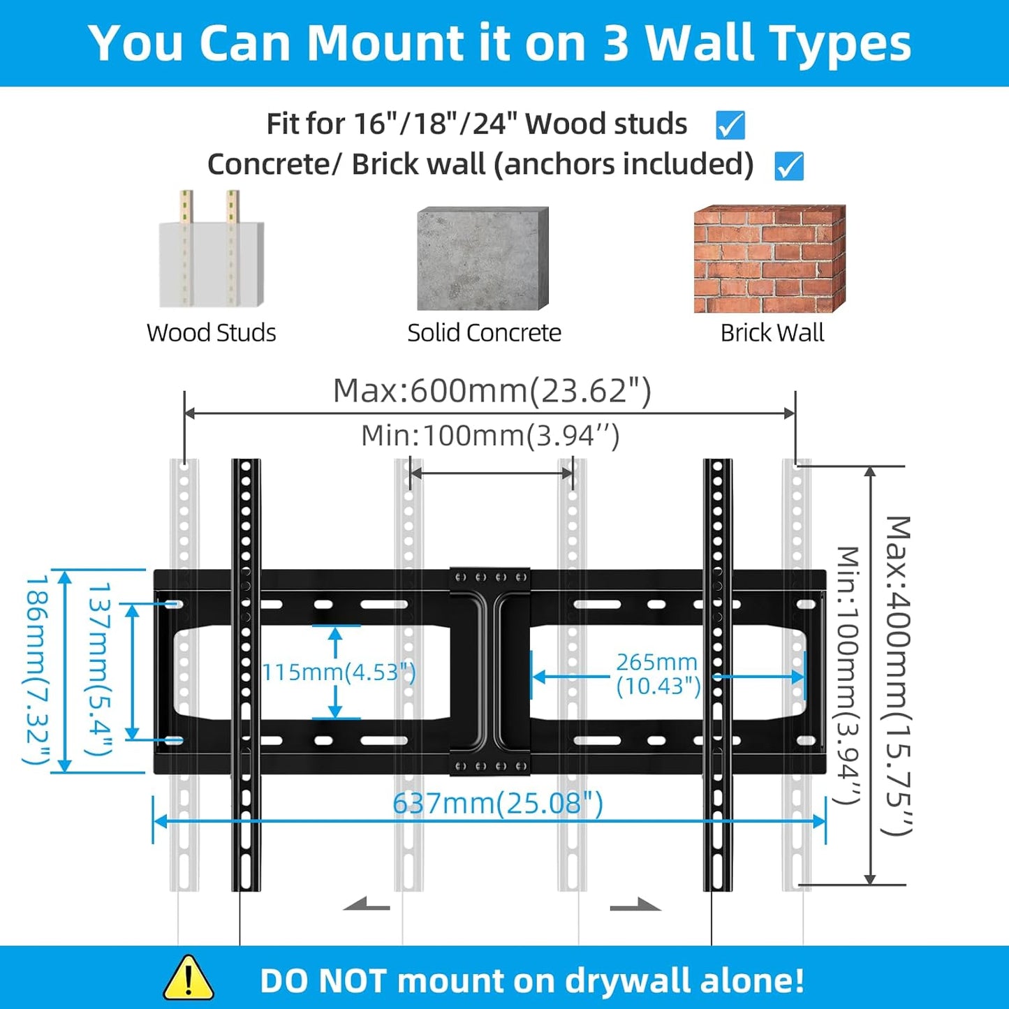 Heavy Duty Fixed TV Wall Mount for Most 32-86 Inch Flat Tvs, Max VESA 600X400Mm up to 165Lbs Fits 16/18/24 Inch Wood Studs, Universal Low Profile Wall Mount TV Bracket, Space Saving HV8601