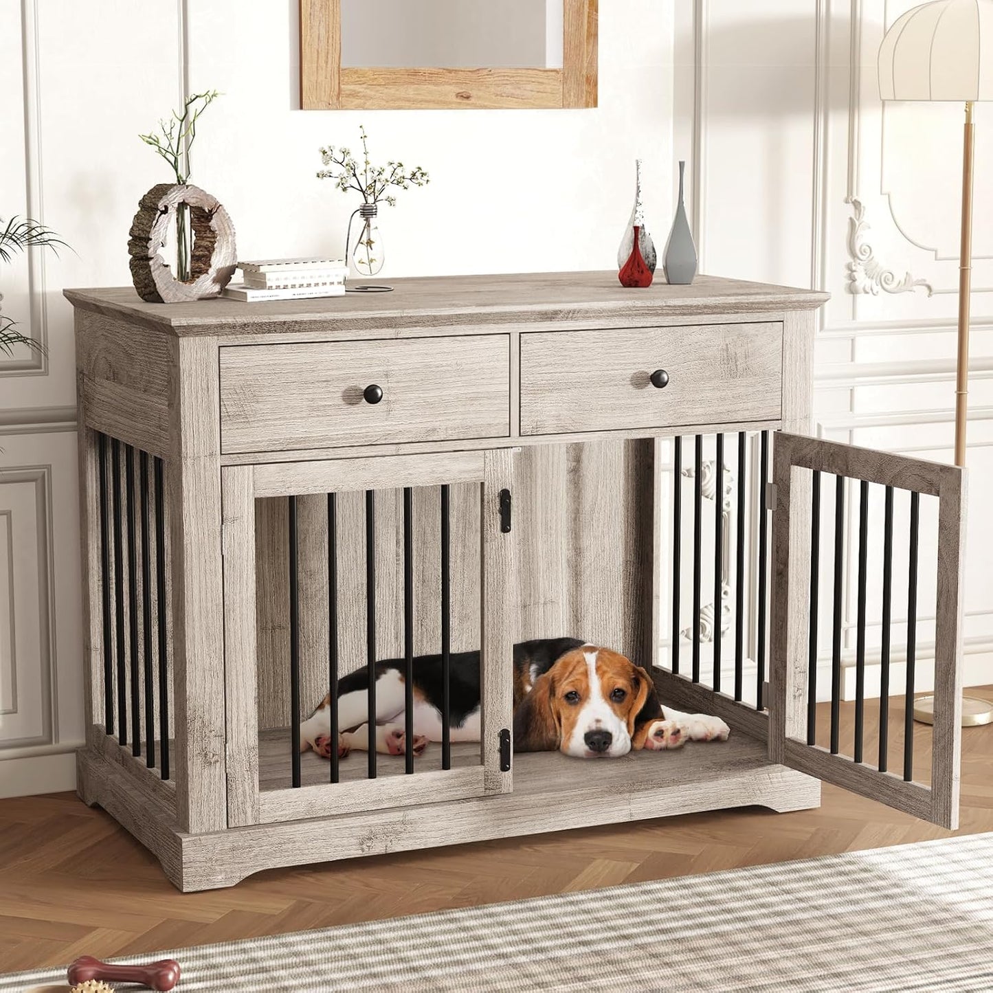 Dog Crate Furniture, Wooden Dog Kennel Furniture Indoor with 2 Storage Drawers, 46 Inch Heavy Duty Large Dog Crate Furnitures, Dogs Cage & Crate Furniture for Small Medium Large Dogs, Grey