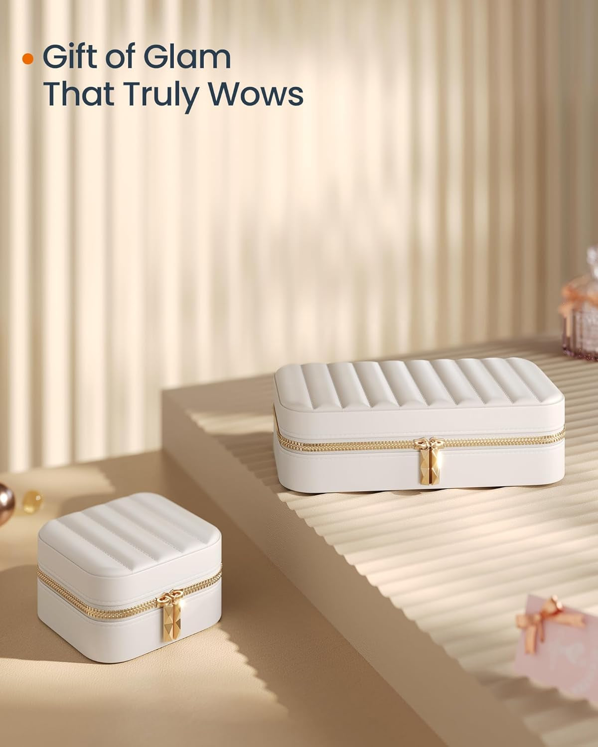 3-Tier Jewelry Organizer with Glass Lid and Square Travel Jewelry Box Bundle, with Drawers, Mirror, PU, Modern, Gift Idea, Cloud White UJBC239WT and UJBC179W01