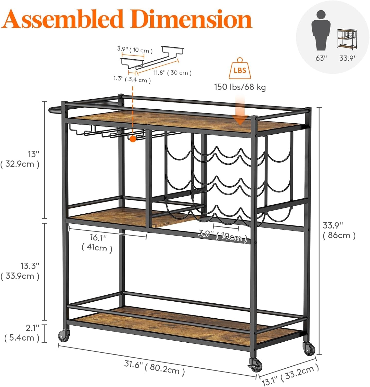 Bar Cart for the Home, 3 Tier Drink Cart with Lockable Wheels, 12 Wine Rack and 3 Rows Glass Holders, Liquor Serving Cart for Kitchen Dining Livingroom, 31.6" X 13.1" X 33.9", Rustic Brown