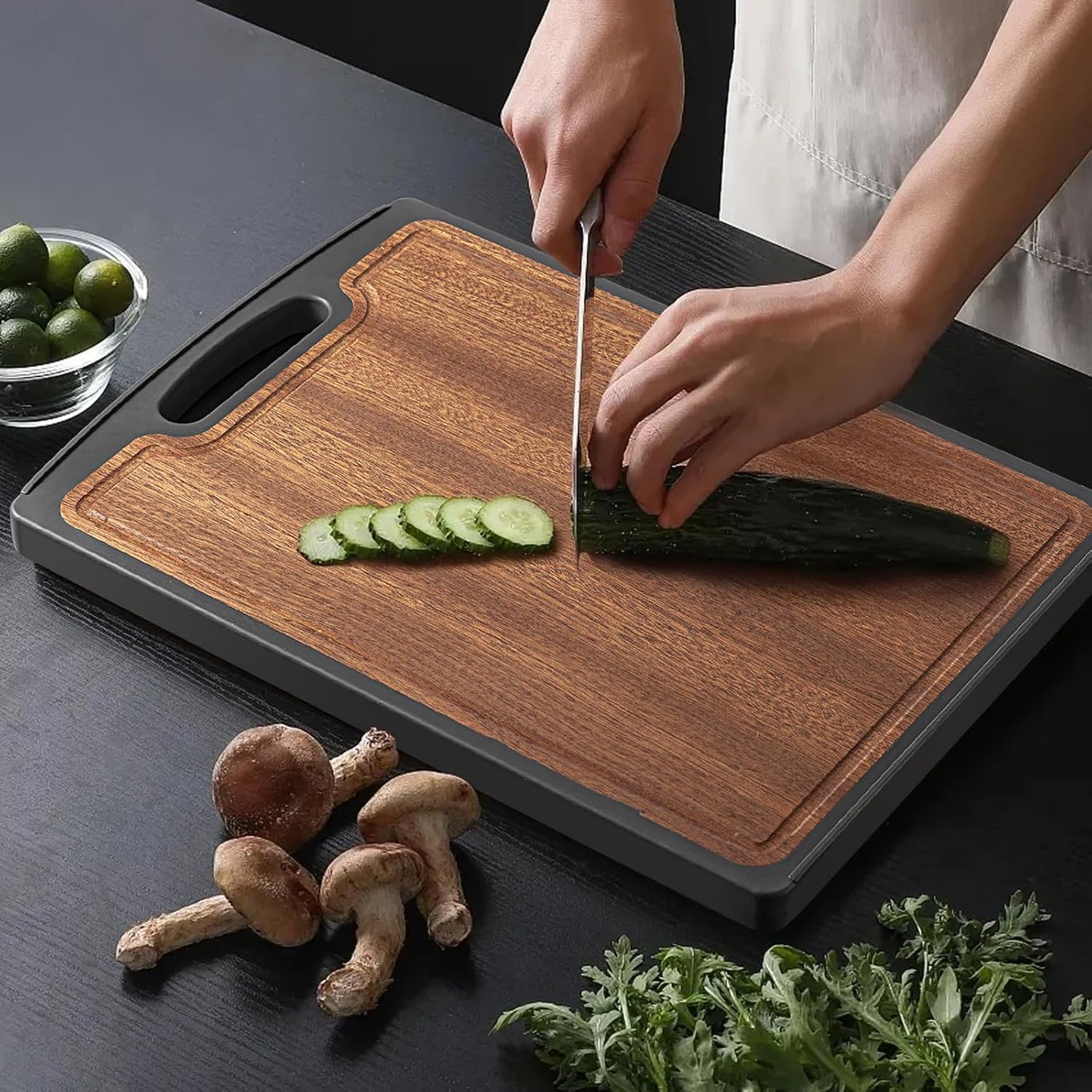 Titanium Cutting Board Double Sided, 15” Wood Cutting Board for Kitchen, GR1 Titanium & Ebony Large Chopping Board for Meat with Juice Groove for Meat & Veggies
